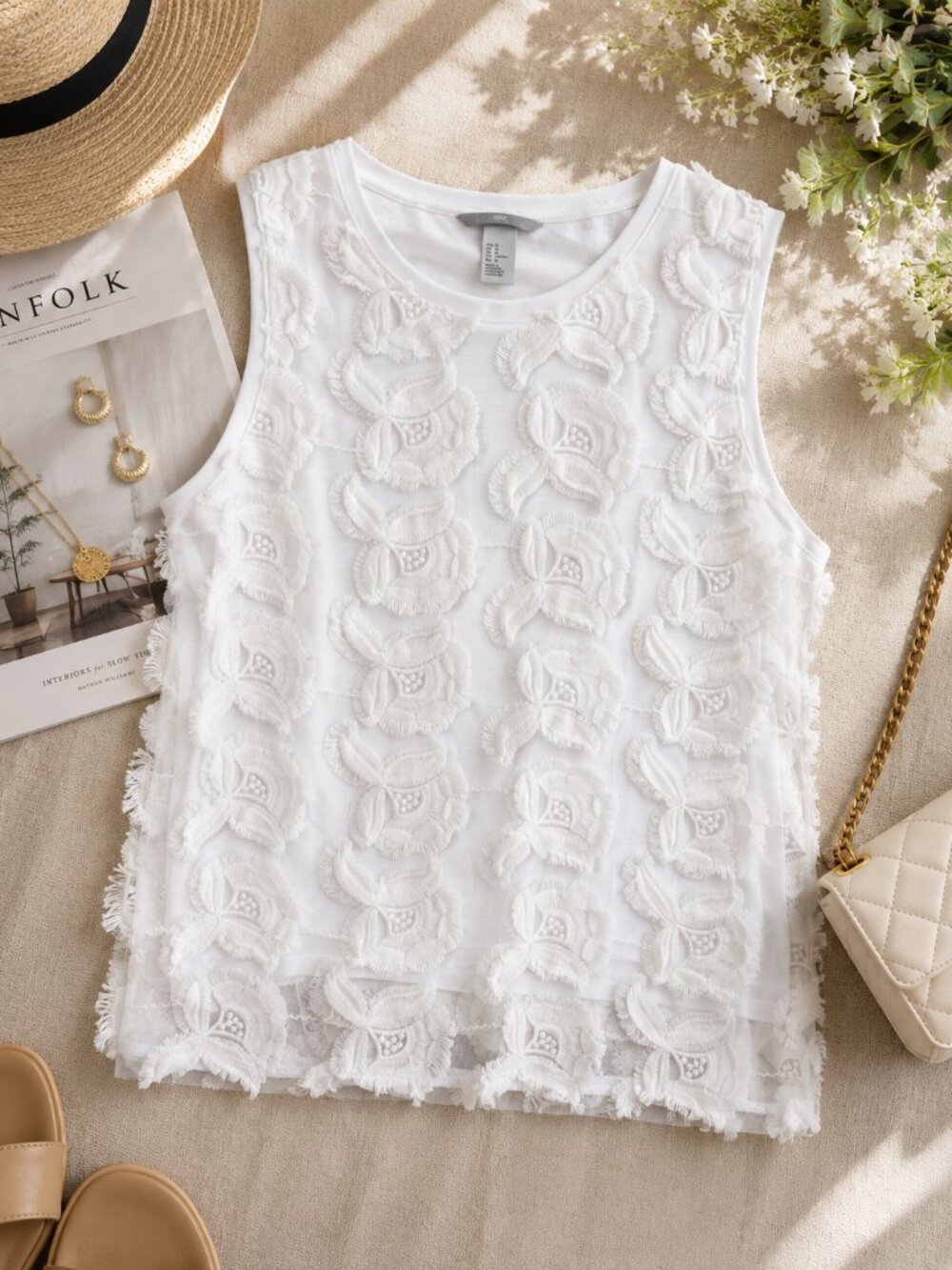 H&M White Floral Appliqué Mesh Sleeveless Top Size Medium - Picture 2 of 11